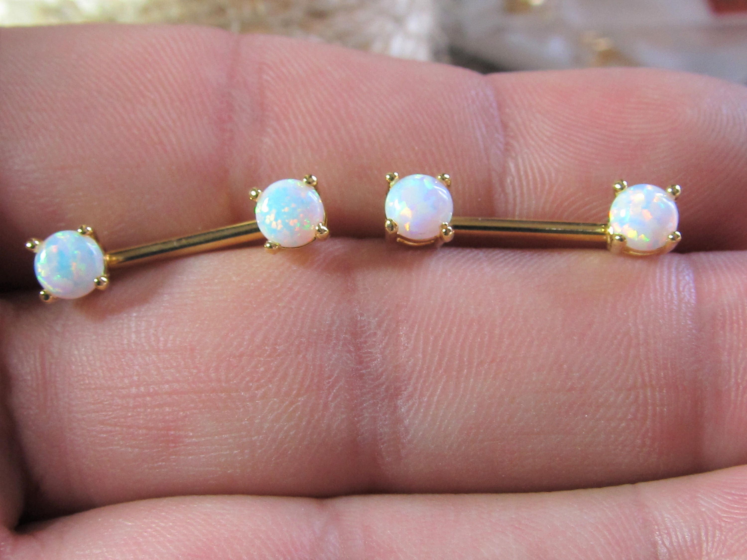 Pair of 14G Golden Imitation Opal Avice Nipple Barbell Ring 
