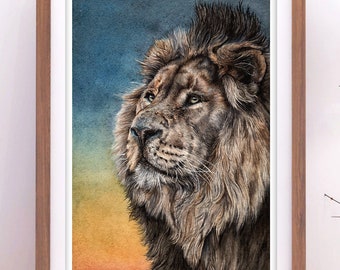 Lion Wall Art Print, Wildlife Art, Big Cat Painting, Lion Art, Lion Home Decor, Lion Lover Gift, Animal Art, Safari Art, A5/A4/A3 Print