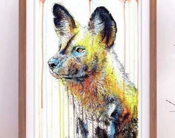 Colourful Dog Art Print, Wildlife Art, African Painted Dog, African Animal Art, Dog Print, Dog Wall Art, Wildlife Painting, A5/A4/A3 Print