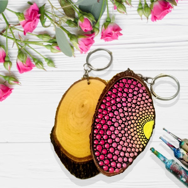 mandala keychain gift,  wooden mandala keyring, gift for her, mandala dot art keychain, fashionable keychain gift