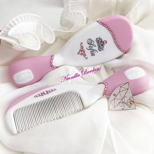 Pink Personalized Brush set with Swarovski crystals. Baby Gift Hair Brush. Baby Shower Gift Personalized brush By Neonilla Berdar image 4
