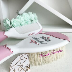 Pink Personalized Brush set with Swarovski crystals. Baby Gift Hair Brush. Baby Shower Gift Personalized brush By Neonilla Berdar image 3