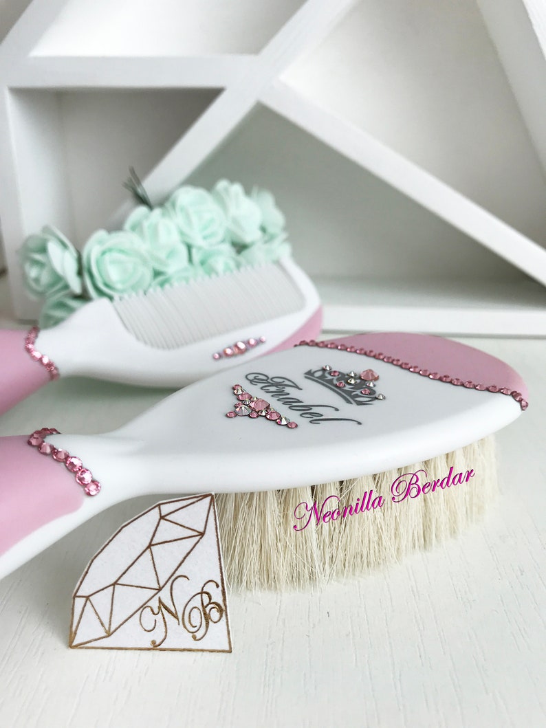 Pink Personalized Brush set with Swarovski crystals. Baby Gift Hair Brush. Baby Shower Gift Personalized brush By Neonilla Berdar image 3