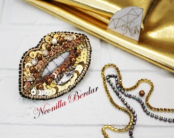 Golden lips Brooch with Swarovski pearls  * Handmade jewelry * Swarovski brooch * Sequin embroidery * Fashion brooch