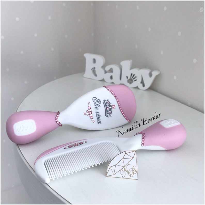 Pink Personalized Brush set with Swarovski crystals. Baby Gift Hair Brush. Baby Shower Gift Personalized brush By Neonilla Berdar image 2