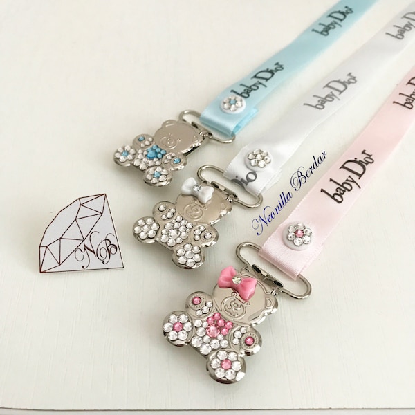 Bling Pacifier clip made with Swarovski Crystals. Teddy Bear Clip. Dummy holder for Baby Shower By Neonilla Berdar.