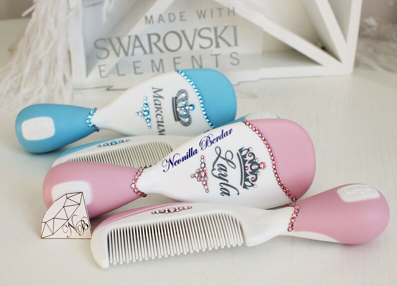 Pink Personalized Brush set with Swarovski crystals. Baby Gift Hair Brush. Baby Shower Gift Personalized brush By Neonilla Berdar image 8