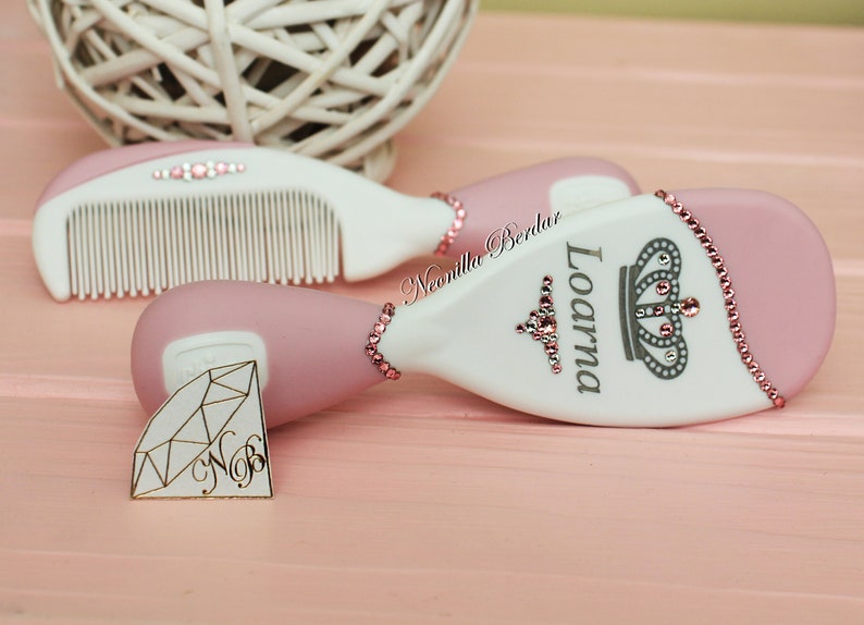 Pink Personalized Brush set with Swarovski crystals. Baby Gift Hair Brush. Baby Shower Gift Personalized brush By Neonilla Berdar image 5