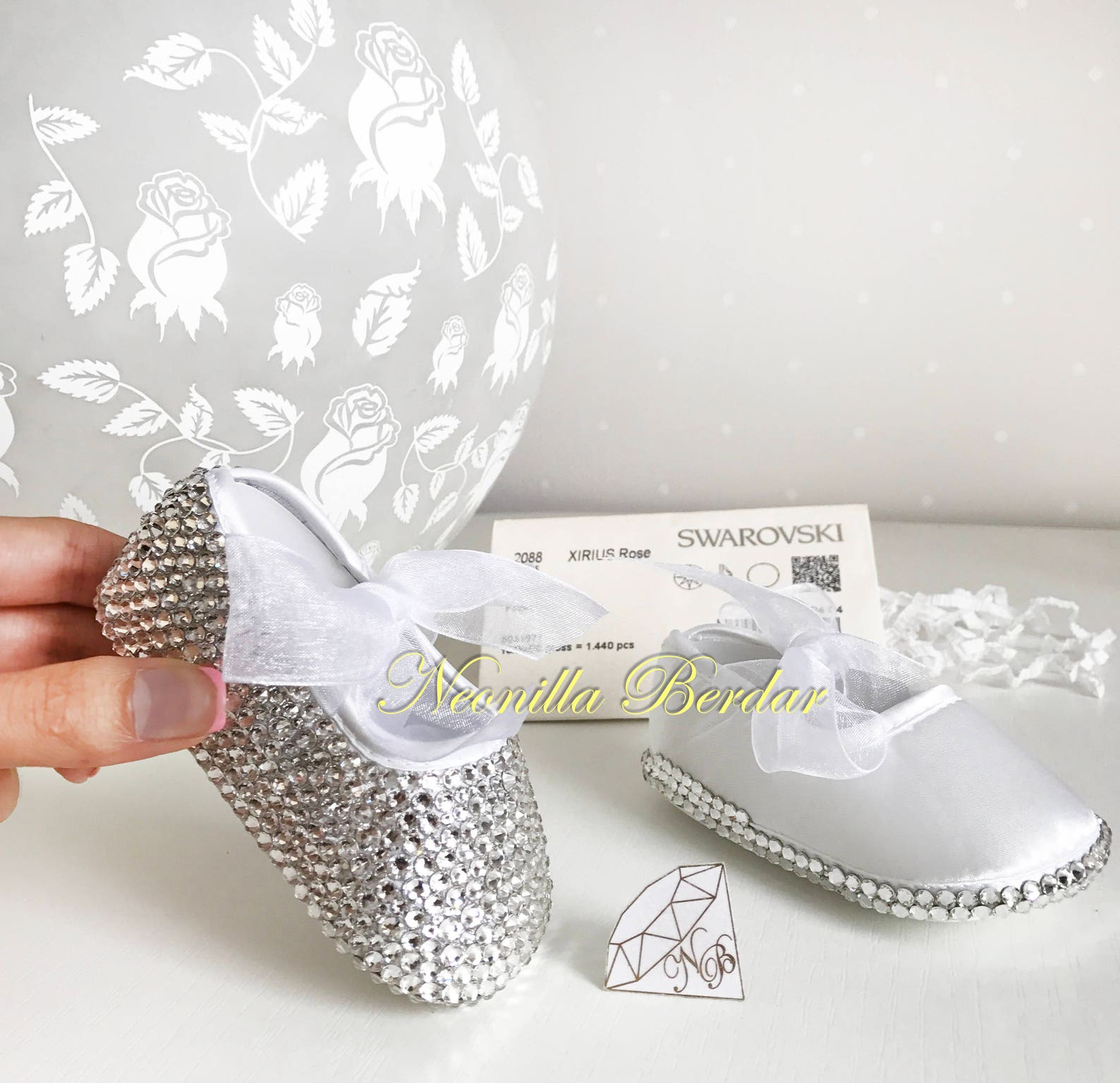 bling baby shoes with swarovski crystals - christening flowergirl shoes - embellished booties - swarovski ballet pram shoes