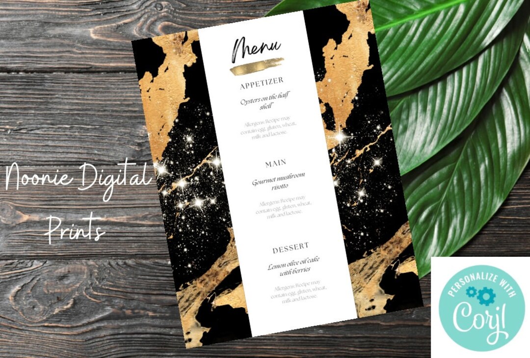 Editable Menu Card Template, Black & Gold Affair Theme Party, Modern ...