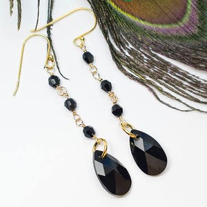Jet schwarze Swarovski Kristall 925 Sterling Silber Tropfen Ohrringe, Geschenk für Sie
