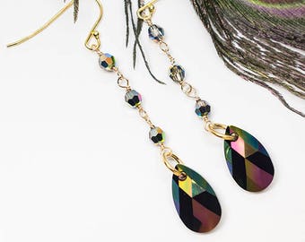 Dark Rainbow Swarovski Crystal 925 Sterling Silver Drop Earrings, gift for her, women jewellery