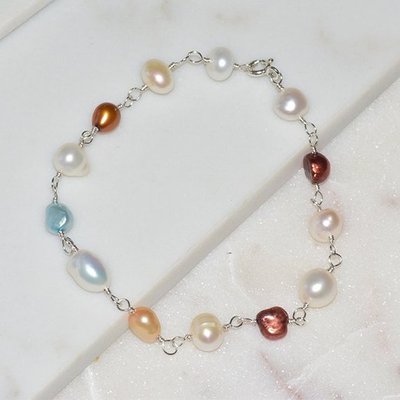 Multi Color Pearl Bracelet, Necklace, Earrings, Freshwater Pearls jewellery, Beaded bracelet, beaded necklace, Boho style earrings, silver