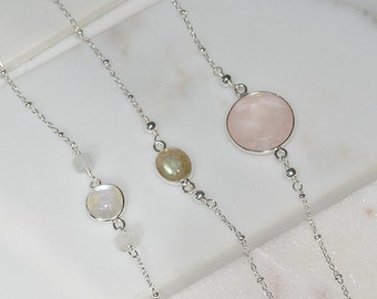 Dainty Minimal Bracelet, Birthstone, Gemstone Bracelet, Labradoriet , Moonstone Bracelet, Rose Quartz Bracelet, 925 Sterling Silver Bracelet