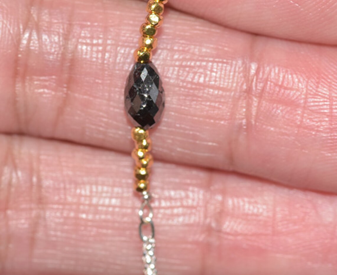 Raw Black Diamond Bead Bracelet, Gift for Her, Gold Bracelet, Silver