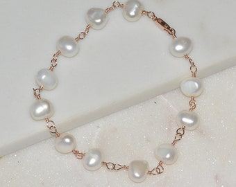 Pearl Beaded bracelet,Pearl beaded Necklace, Freshwater White Pearl jewellery,14k Rose Gold filled necklace,June birthstone jewelry,handmade