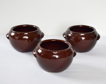 Brown Glaze / Ceramic Handled Bean Pot – Vintage 1950s Dinnerware Dutch Oven – Set of Three (3)