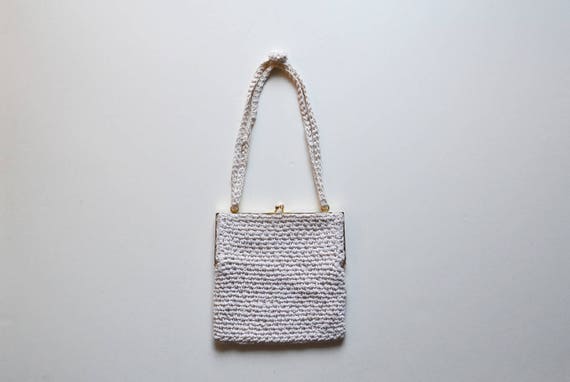 Cream Hand-Knitted / Crochet Shoulder Purse w/ Go… - image 1