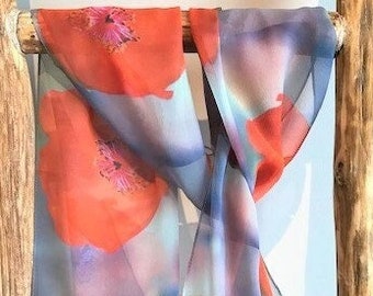 Pop of Color, 100% Silk Charmuse Scarf, 14 x 72", Orang/Red/Silver  - "Globe Mallow Flower" (shown in Silk Chiffon). Gift Boxed