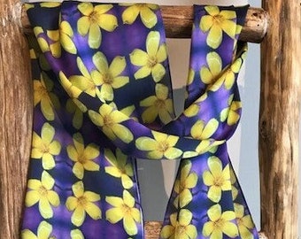 Bright Yellow Flowers Pop on a Purple background, our 100% Silk, Long Scarf 14x72", "Buttercup" (shown in silk charmuse).  Gift Boxed