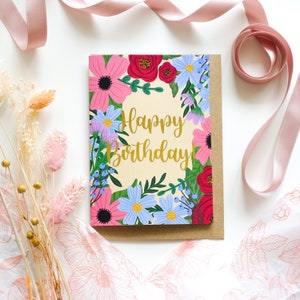 Carte de voeux florale de papier d'or de ressort de joyeux anniversaire | carte d'anniversaire florale | carte botanique | HUTCH Londres