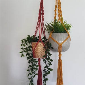 May include: Two macrame plant hangers with greenery. One is a woven basket in a red macrame hanger. The other is a gray ceramic pot in a mustard yellow macrame hanger. Both are suspended against a white wall.