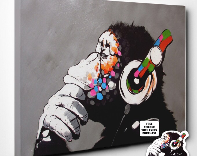 Banksy Dj Monkey Gorilla Chimp Canvas Framed Picture Print Wall Art | UK