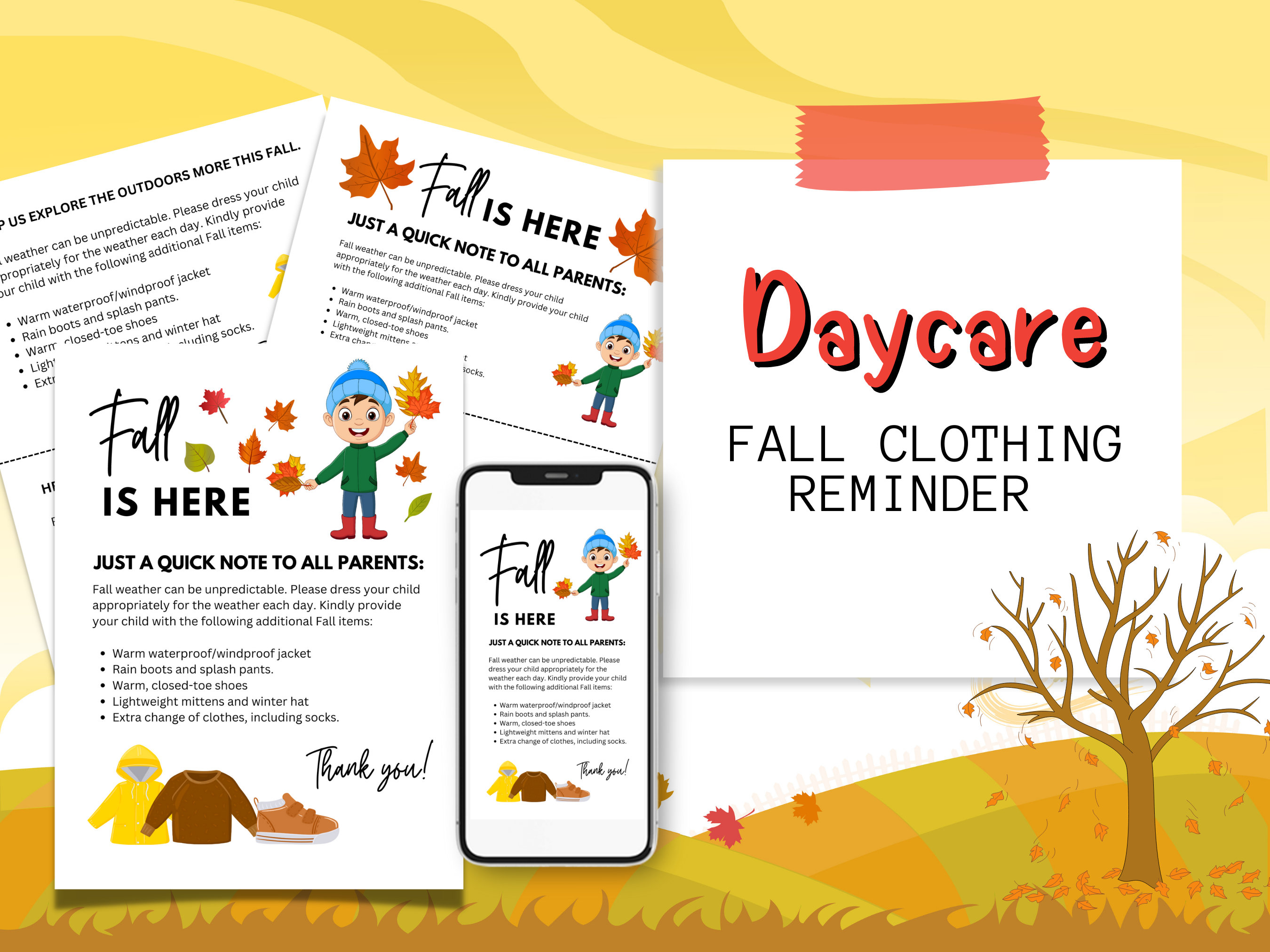 Fall Clothing Reminder for Daycares Change of Clothes Slip Reminder Notices  for Parents Parents Reminders Daycare Reminder Letter 