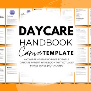 Könnte beinhalten: Ein umfassendes Daycare Handbook Canva Template mit weißem Hintergrund und orangefarbenen Akzenten. Der Titel "DAYCARE HANDBOOK Canva TEMPLATE" ist prominent dargestellt. Das Handbuch enthält Richtlinien und Informationen für Eltern.