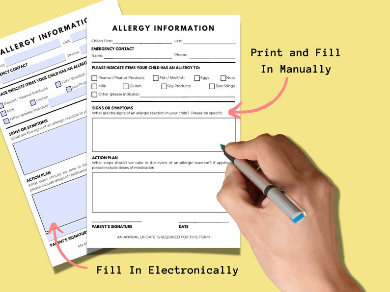 Allergy Testing Paperwork Daycare Allergy Information Forms - Etsy