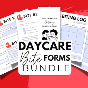 Paquete de informes de incidentes de mordeduras en guarderías / Informes de mordeduras en guarderías, registros, formularios de reconocimiento para padres y folleto