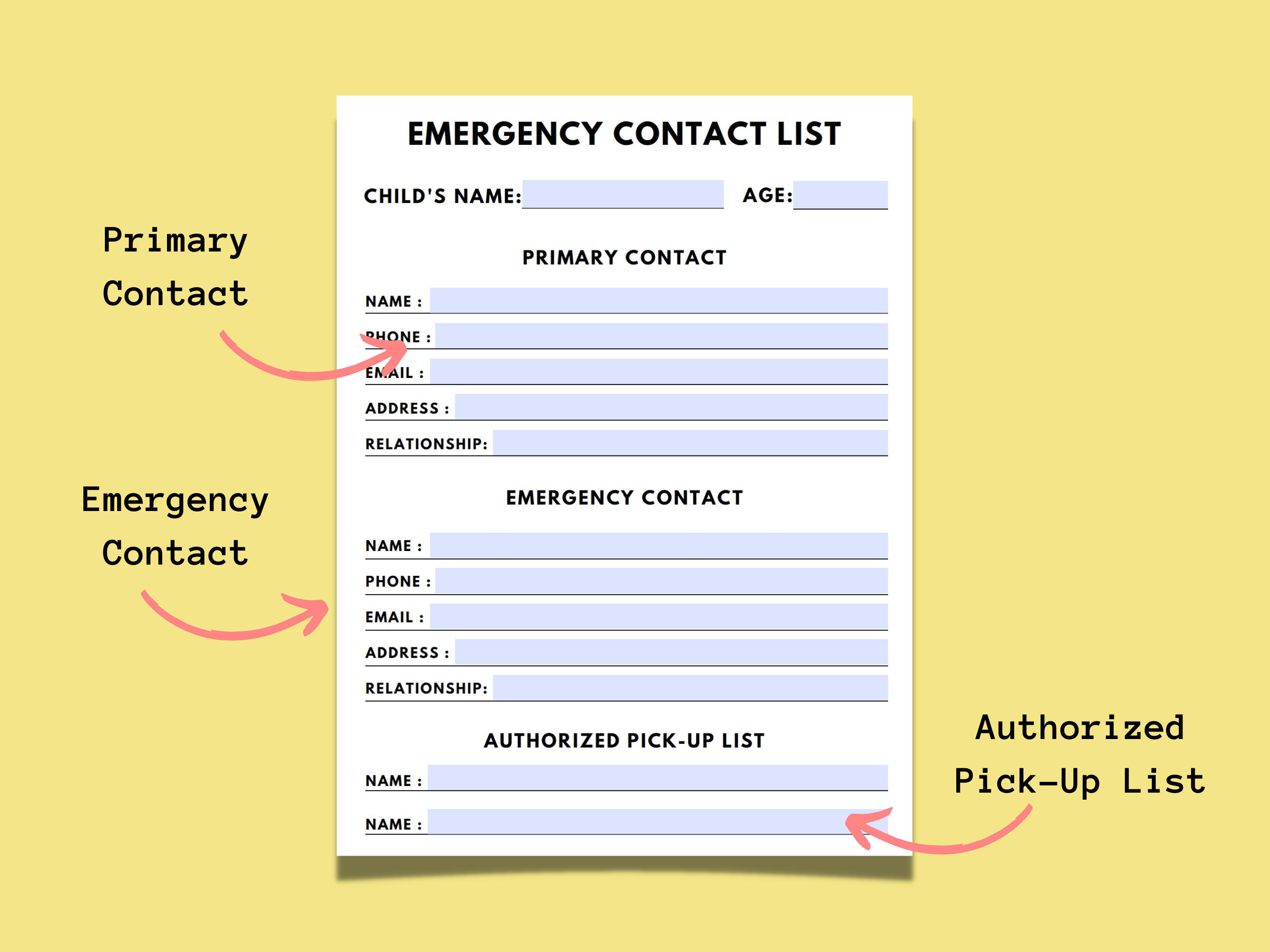 Daycare Emergency Contact Form | Emergency Contact Form for Daycares ...