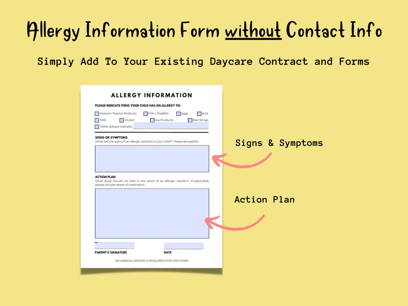 Allergy Information Form for Daycare Allergy Information Sheet for