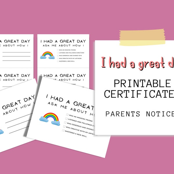I Had A Great Day Kids Certificate Of Achievement | Parents Notice | Teacher Notice | Daycare