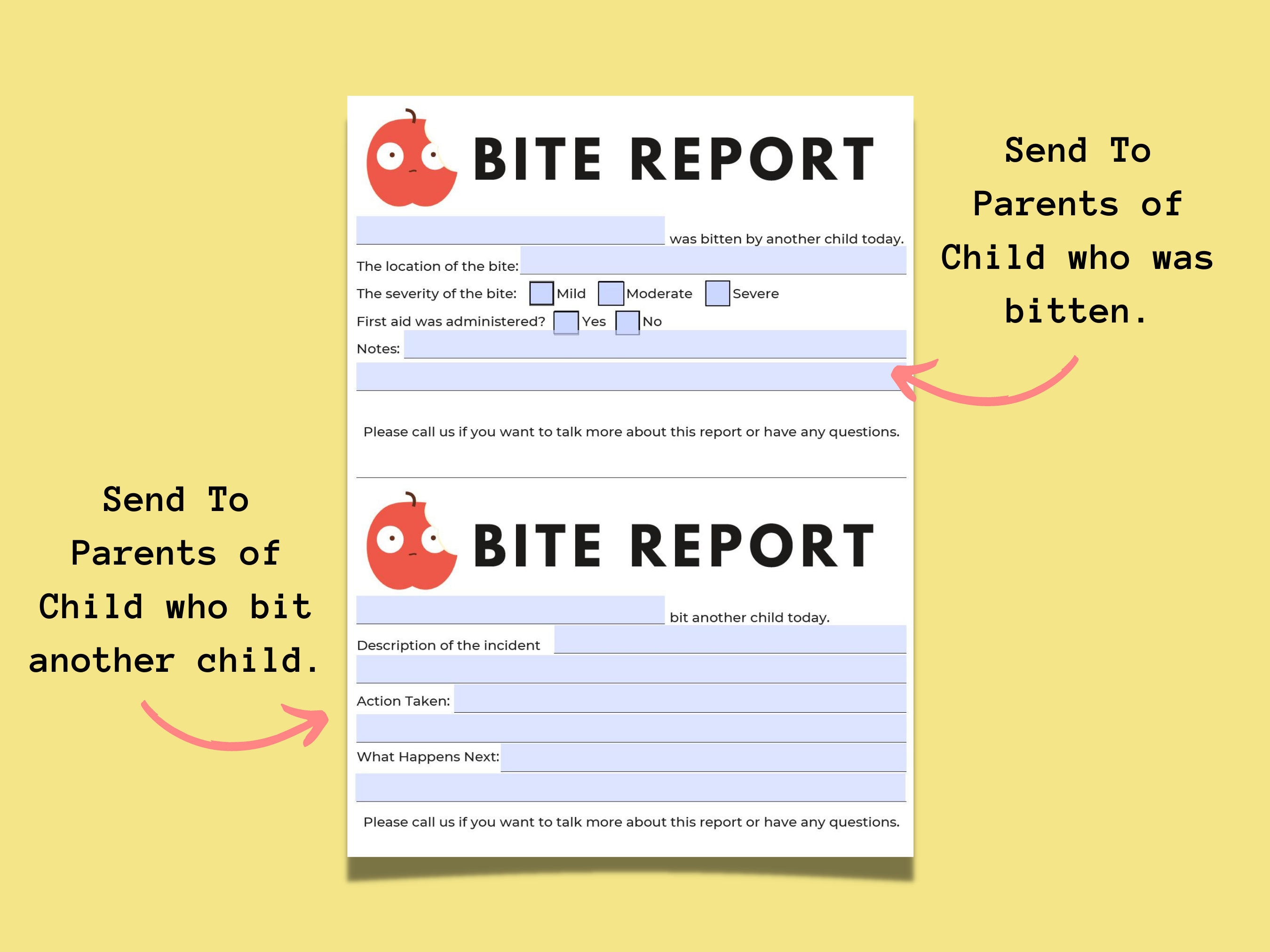 Bite Report Bundle Bite Notice Bite Log Bite Letter to Parents Biting