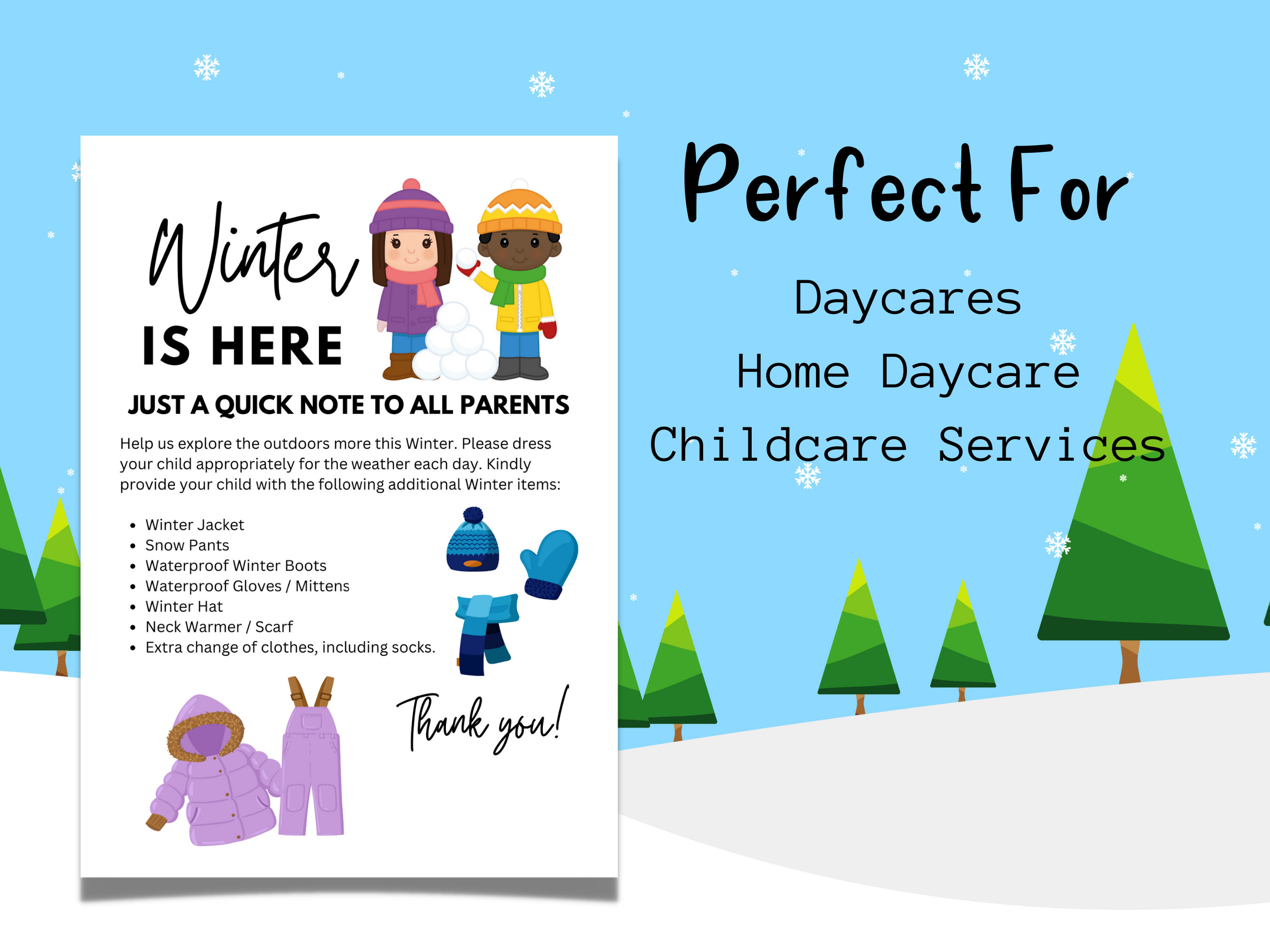 Winter Clothing Reminder for Daycares Change of Clothes Slip Reminder