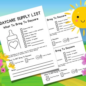 保護者向けデイケア用品リスト | デイケアに必要なアイテム | 育児用品リスト | デイケアに必須 | デイケアの必需品 | 8.5x11" PDF
