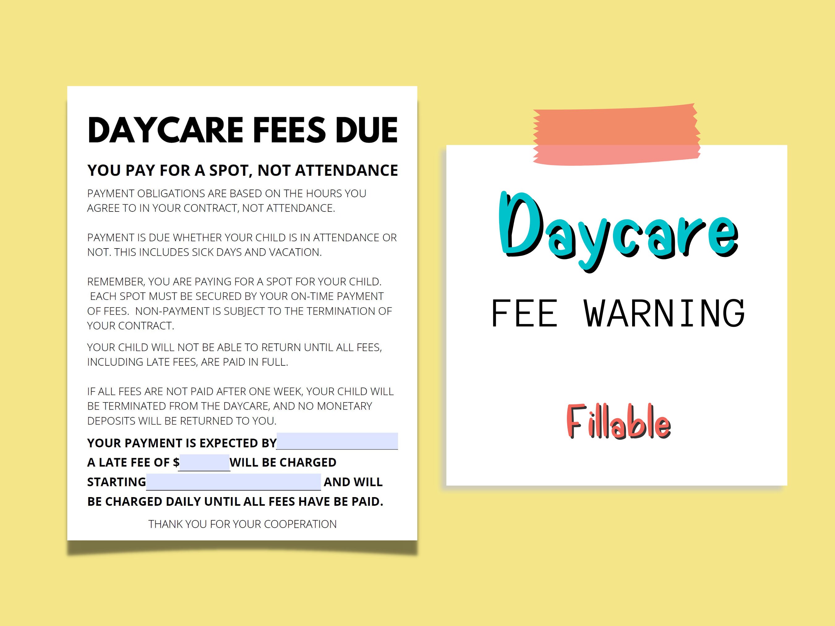 Daycare Fee Due Warning Daycare Fee Reminder Daycare Fees Due Daycare 