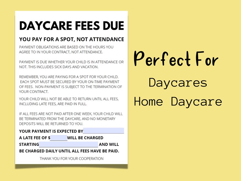 Daycare Fee Due Warning Daycare Fee Reminder Daycare Fees Due Daycare