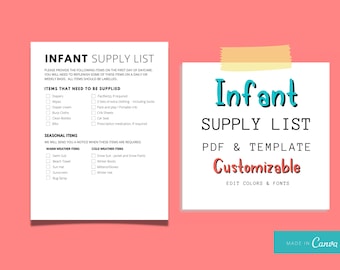 Infant Supply List for Daycares | Infant Supply List for Home Daycares | Customizable