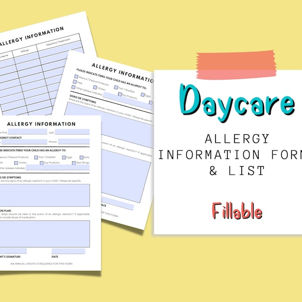 Allergy Information Form For Daycare |  Allergy Information Sheet For Childcare | Daycare Allergy Action Plan | Daycare Allergy List | PDF