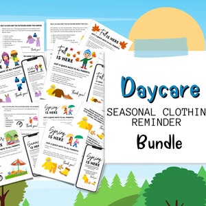 Lembrete de roupas sazonais para creches | Deslizamento para troca de roupa | Avisos de lembrete para pais | Lembrete aos pais | Carta de lembrete de creche