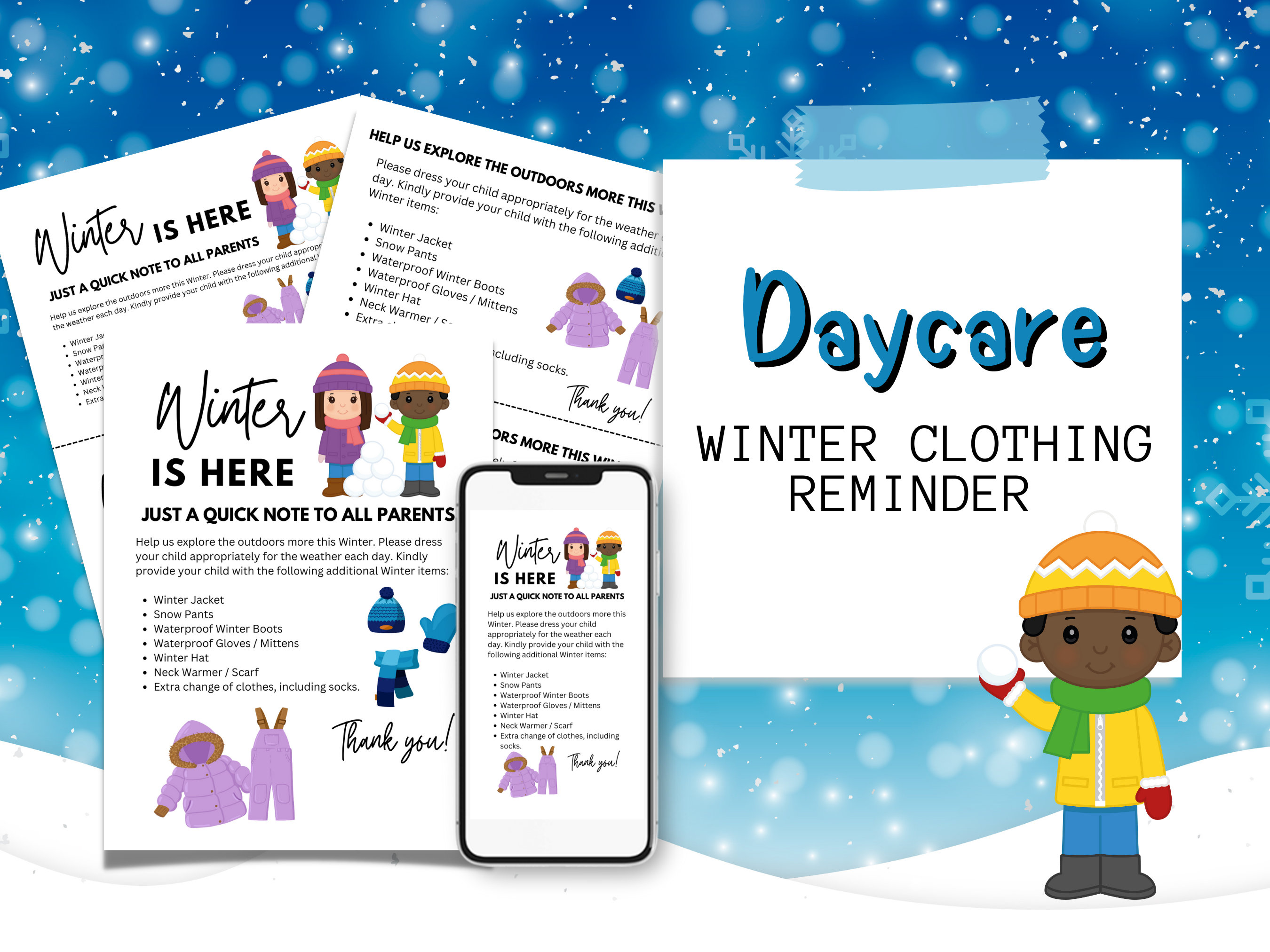 Winter Clothing Reminder for Daycares Change of Clothes Slip Reminder