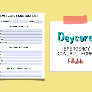 Daycare Emergency Contact Form | Emergency Contact Form For Daycares, Preschool, Teachers and Childcare Services | Emergency Contact Forms