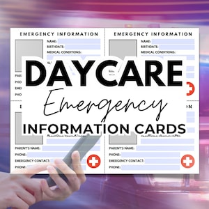 Cartões de informações de emergência para creches | Cartões de informações de contato para emergências | Informações médicas para creches