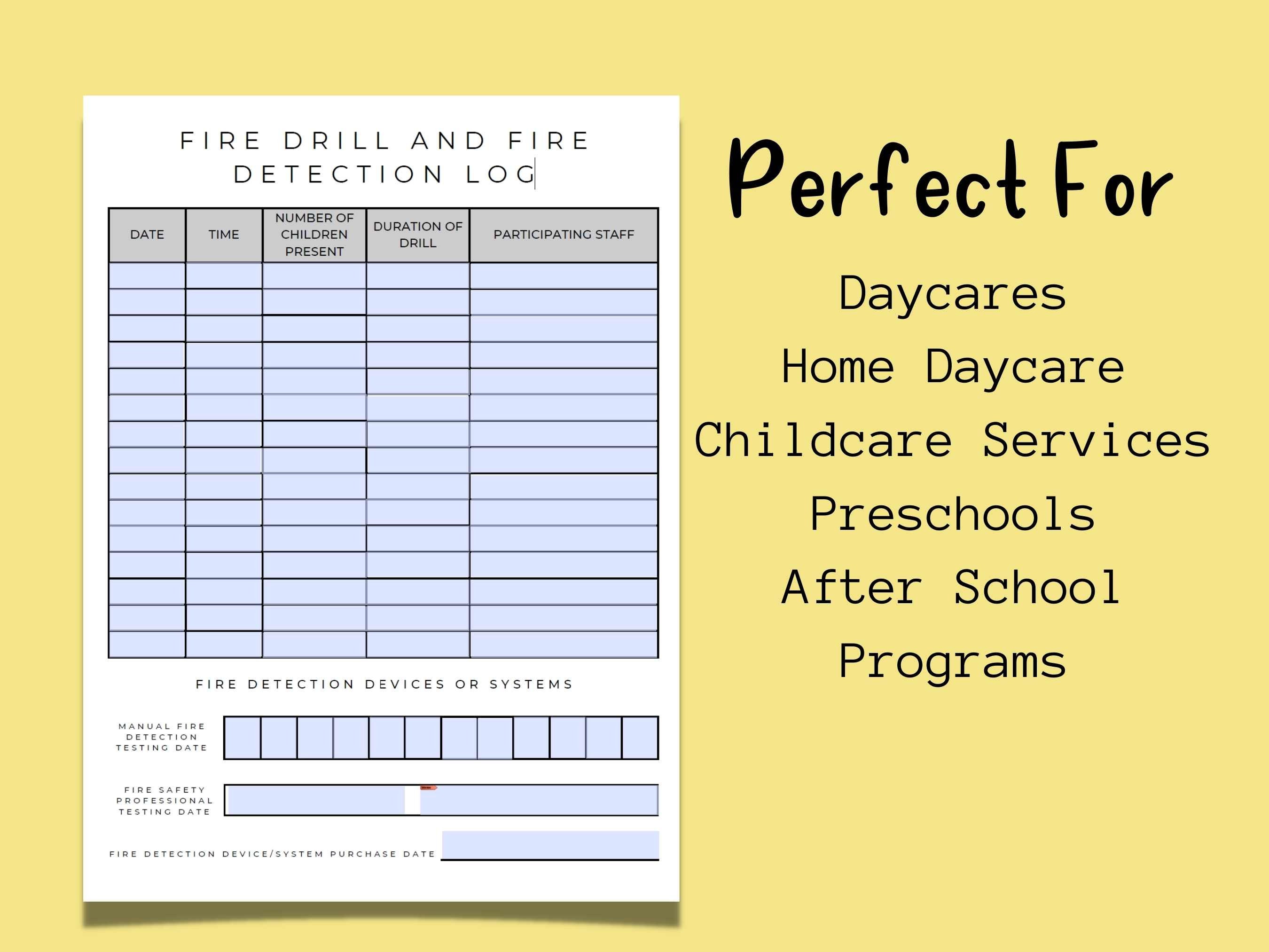 Fire Drill and Fire Detection Log Daycare Fire Drill Log Childcare Fire