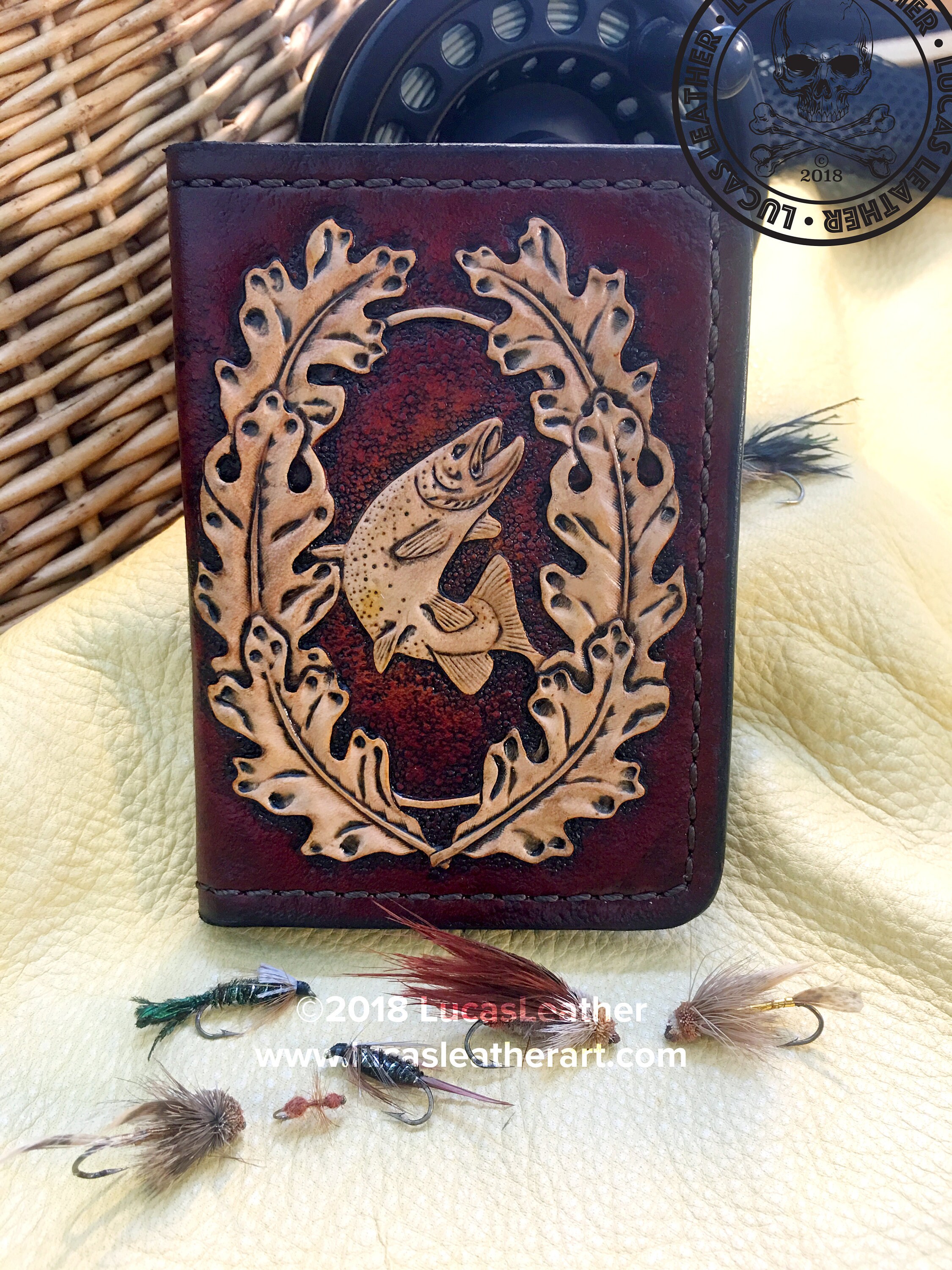 Fly Fishing Trout Carved Leather Front Pocket Wallet