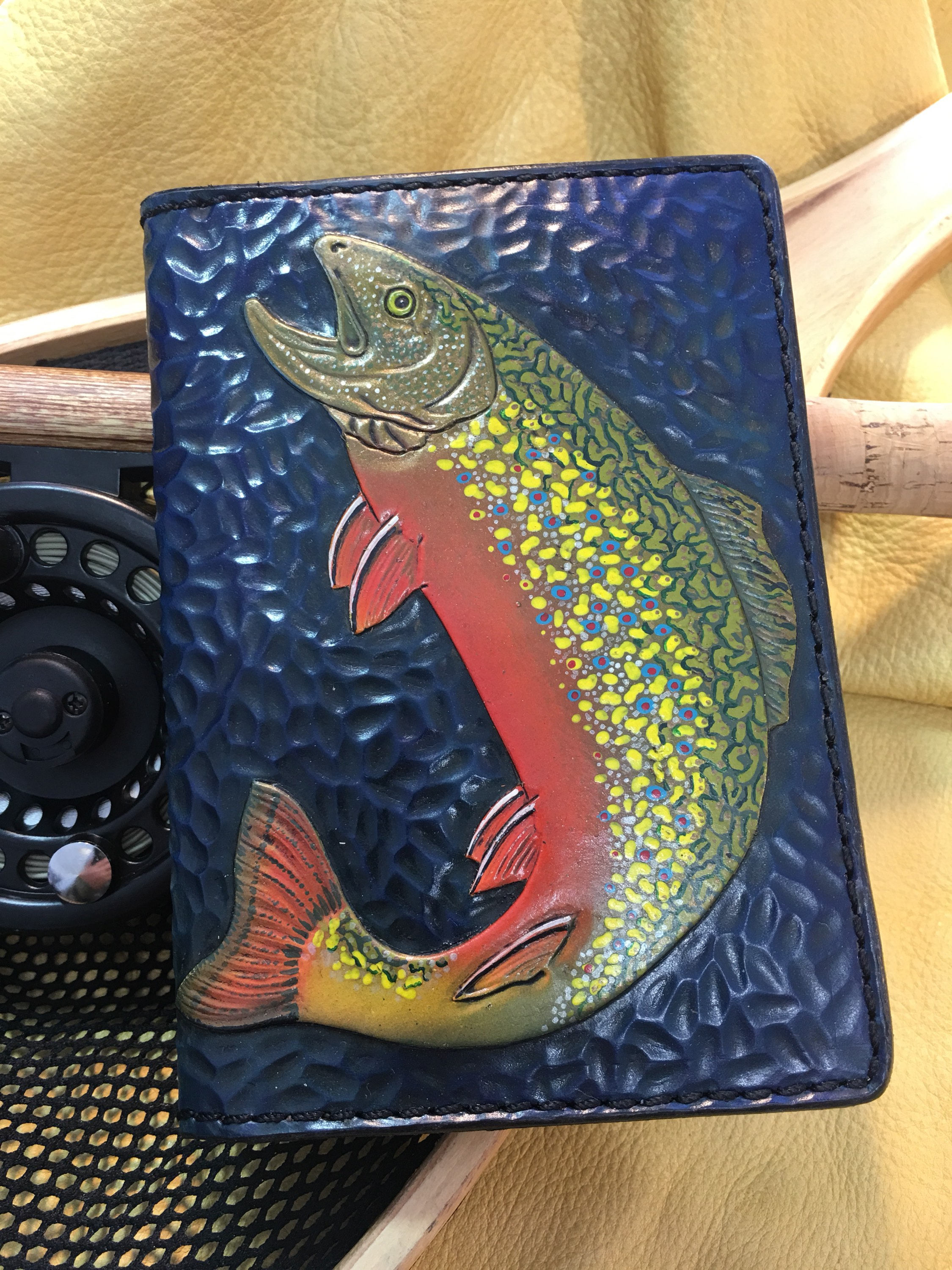 Hand Carved Leather Brook Trout Field Notes Cover and Fly Fishing Wallet.