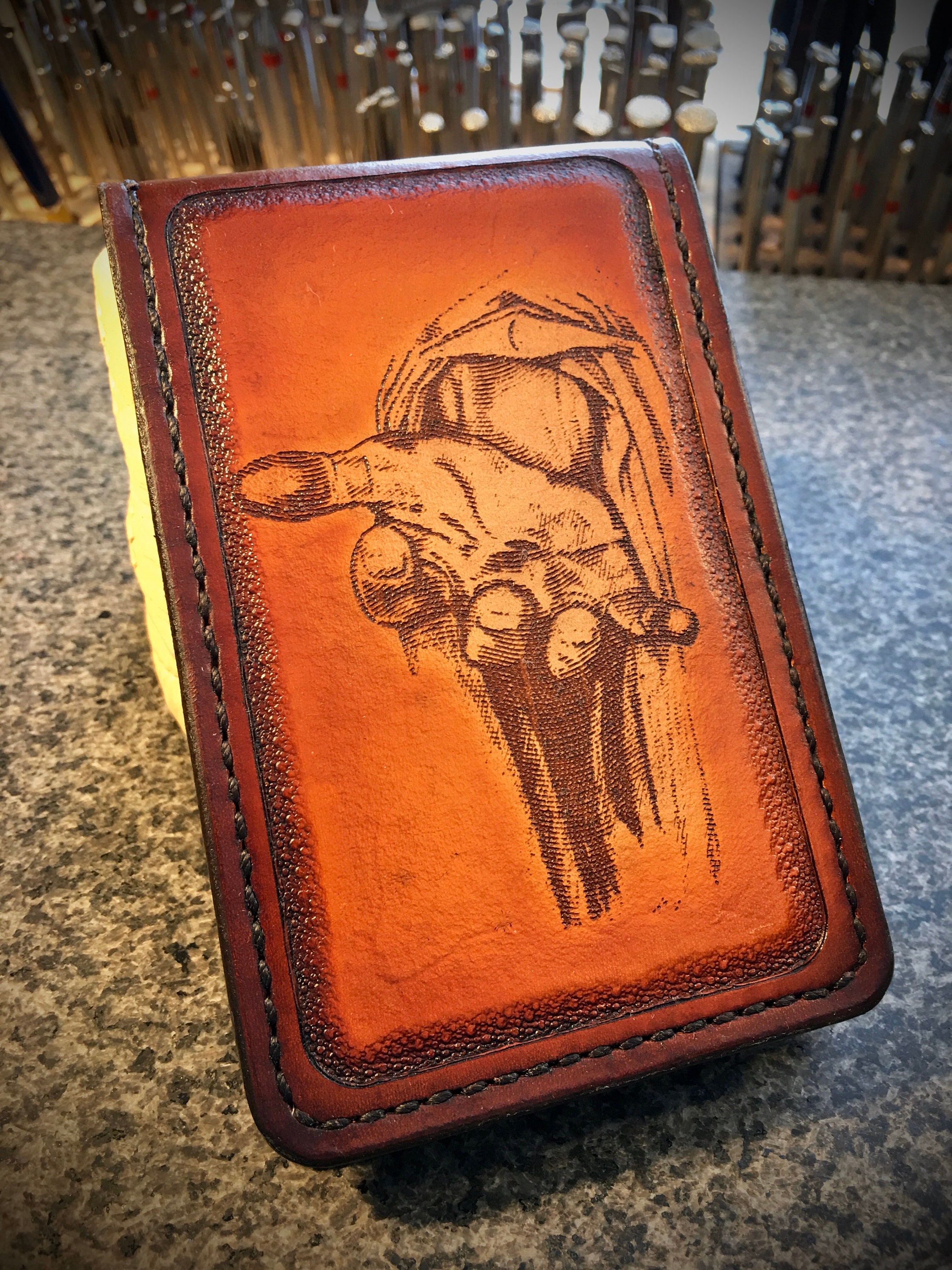 Handmade Carved Leather Top Spiral Notebook Cover/Wallet Nail Pierced Hand