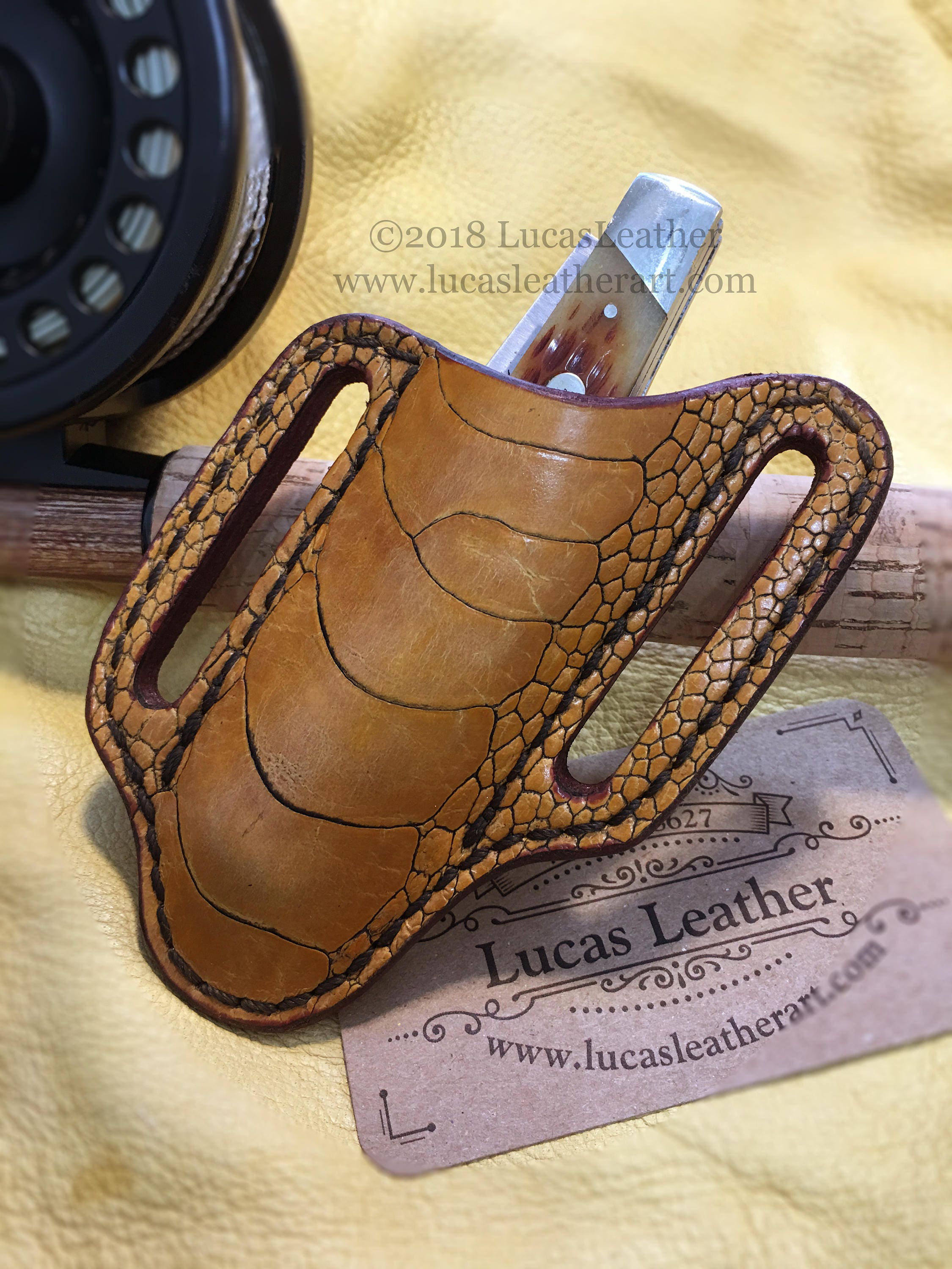 Genuine Ostrich Shin and Leather Pancake Holster Style Pocket Knife Sheath